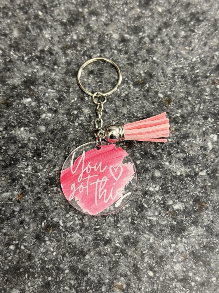 Inspirational Red Boho You Got This Acrylic Round Keychain Bag Accessory with Tassel