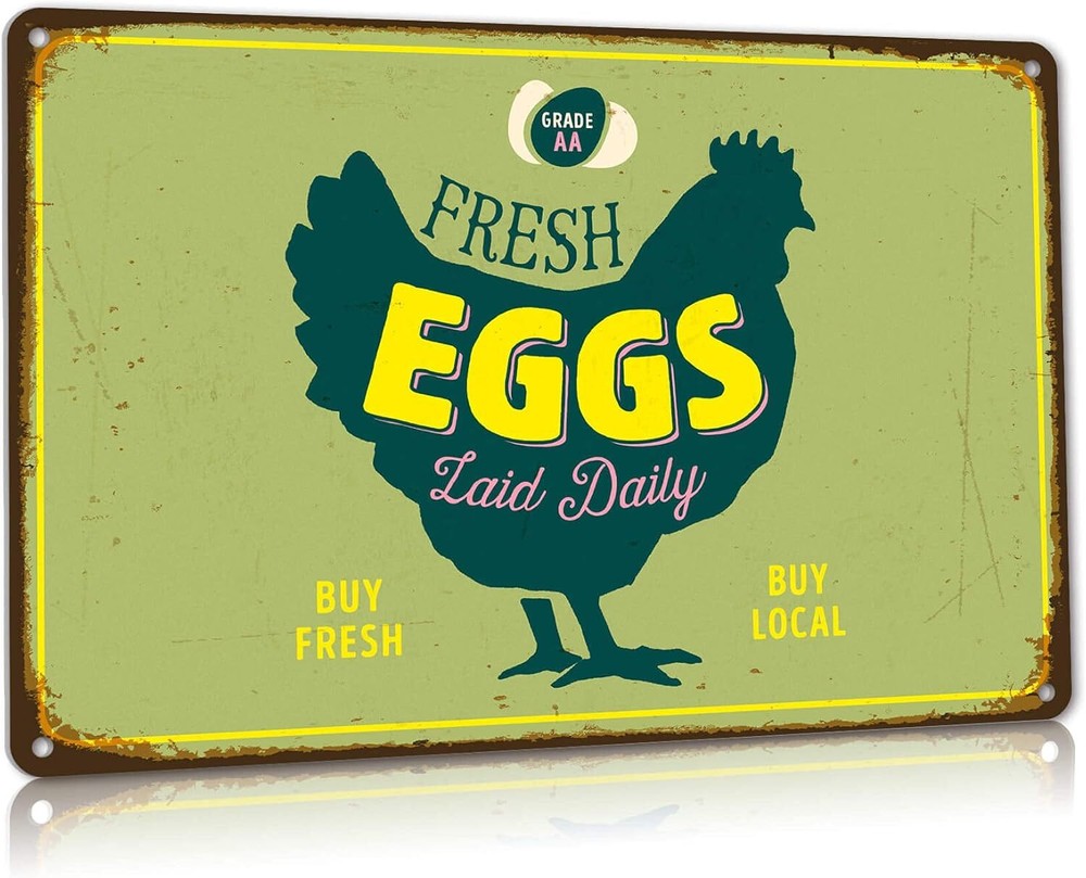 Vintage Farm Fresh Eggs Metal Tin Sign for Farmhouse Kitchen or Backyard Chicken Coop Wall Decor