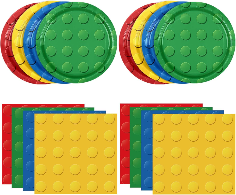 80PCS Building Blocks Themed Birthday Party Decorations with Bricks Tableware