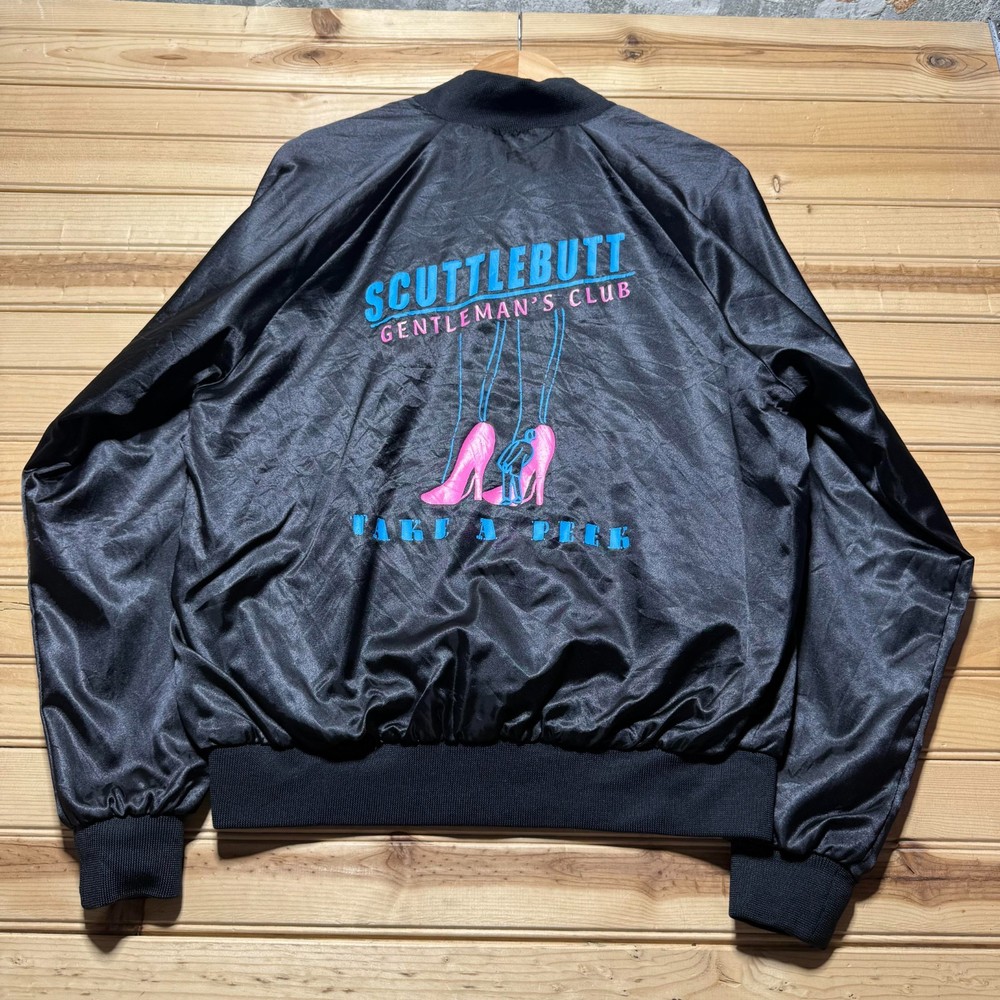 Vintage 80s 90s Scuttlebutt Gentlemans Club Louisiana Satin Bomber Jacket Medium
