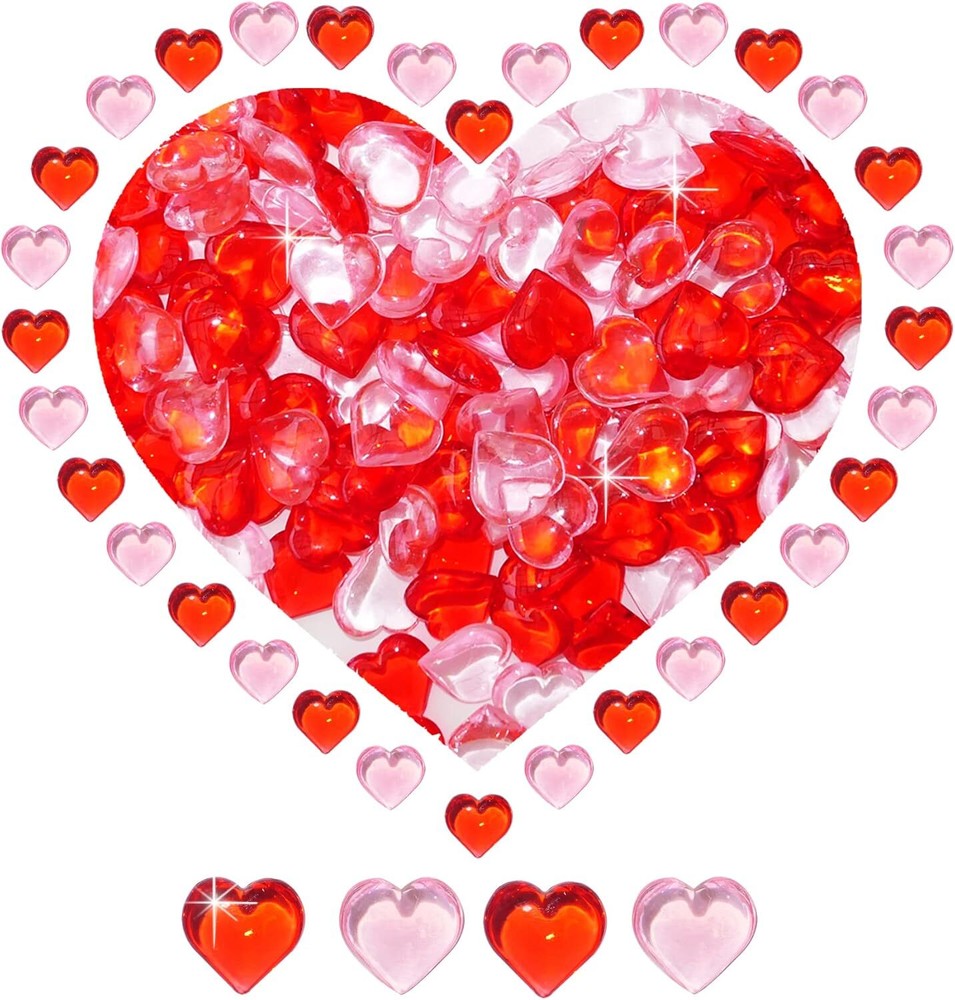 Valentines Day Heart Gems Decorations,152 Pcs Red Pink Plastic 3D 2 Color