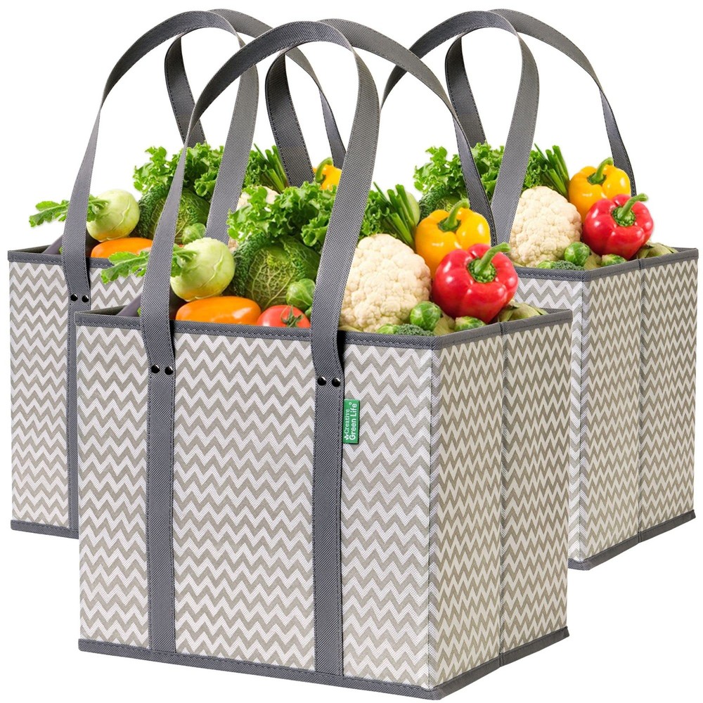 Heavy Duty Reusable Grocery Bags 3-Pack with Box Bottom for Shopping