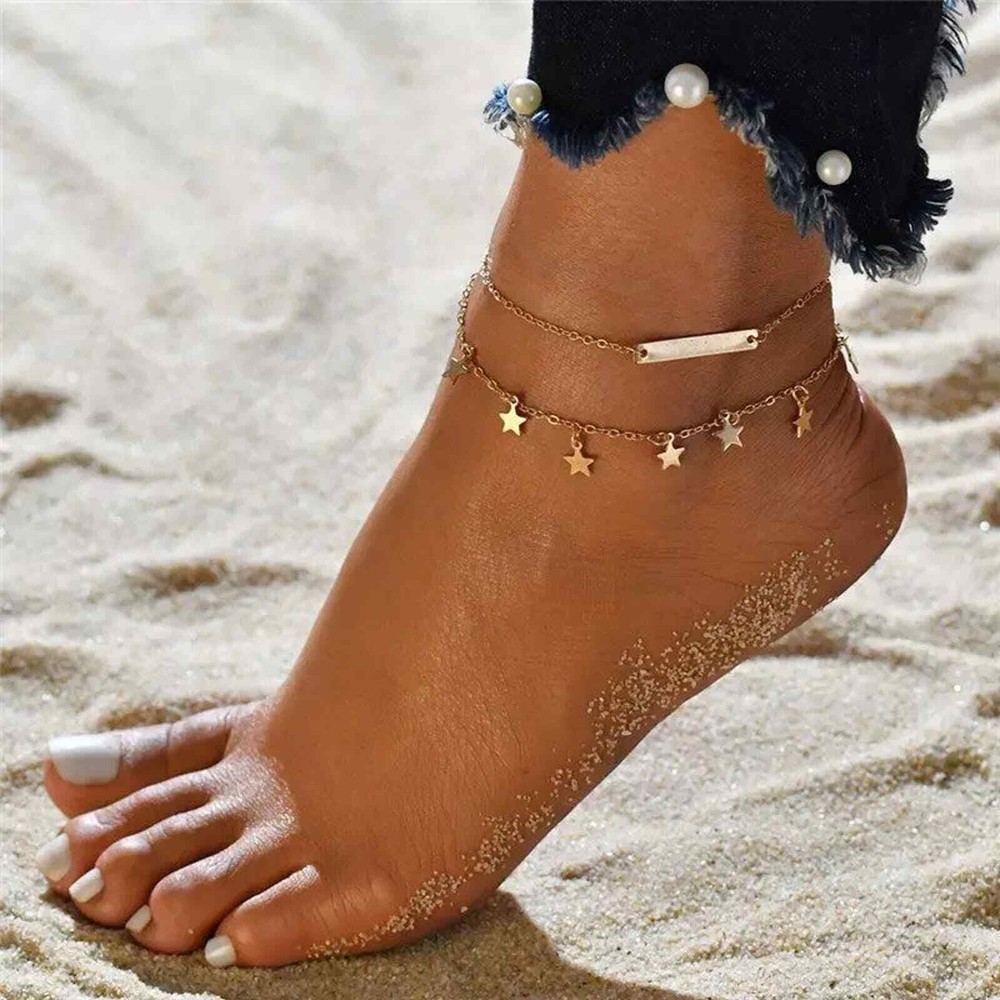 Silver Double Layered Star and Bar Summer Anklet Minimalist Cute NWT