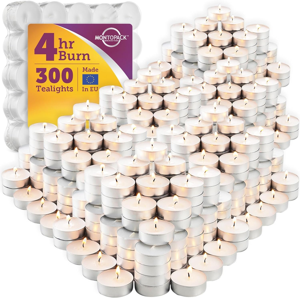 Unscented Tea Light Candles 300 Pack | 4 Hours, White,Smokeless,Dripless Small V