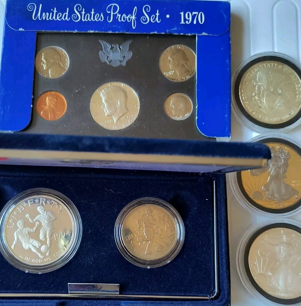 U. S. Proof Sets With Silver Eagles Mixed Lot 10 Coins.