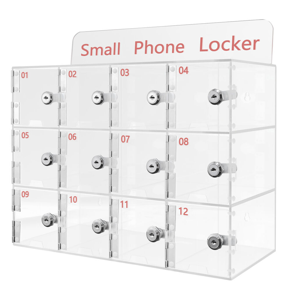 12 Slots Acrylic Cell Phone Locker Box Storage Cabinet Pocket w/ Keys Clear NEW!