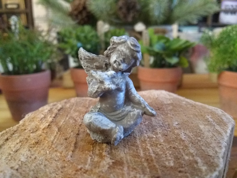Miniature Cherub With Bird Fairy Garden Stoneware Finish ResinFigurine
