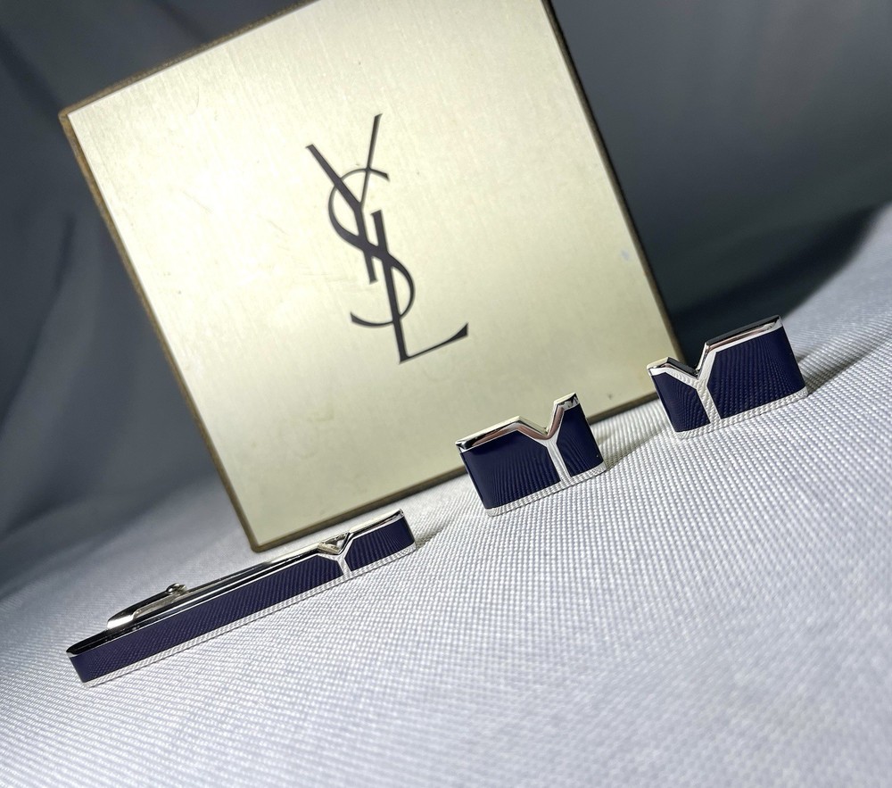 Yves Saint Laurent Navy & Silver Y Logo Tie Bar Clip with Cufflinks Set