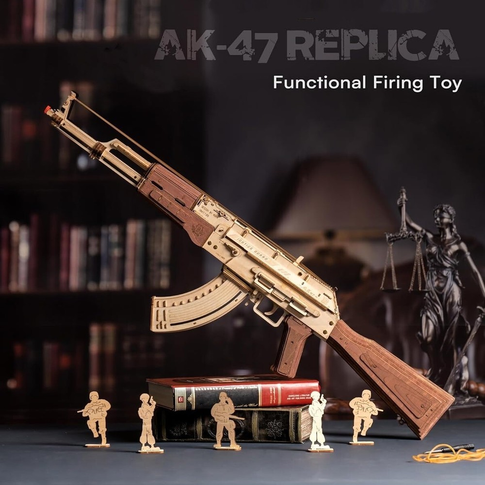 ROKR 3D Wooden Puzzle Submachine Model Rubber Band Gun for Teens Adult DIY Gift