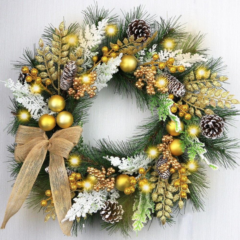 22-Inch Large Battery Operated Pre-Lit Gold Christmas Wreath with Lights