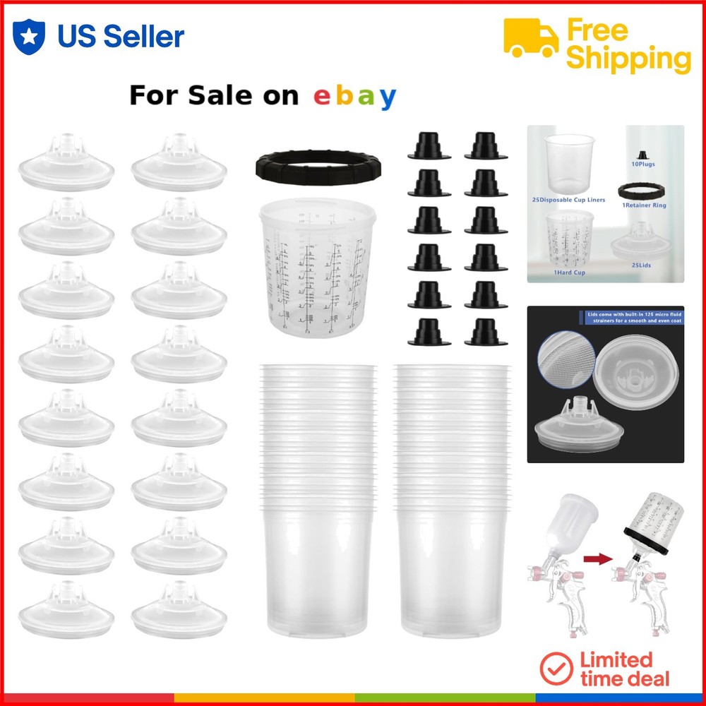 Disposable Paint Gun Cups Kit 22oz Liners Lids Plugs for Spray Painting