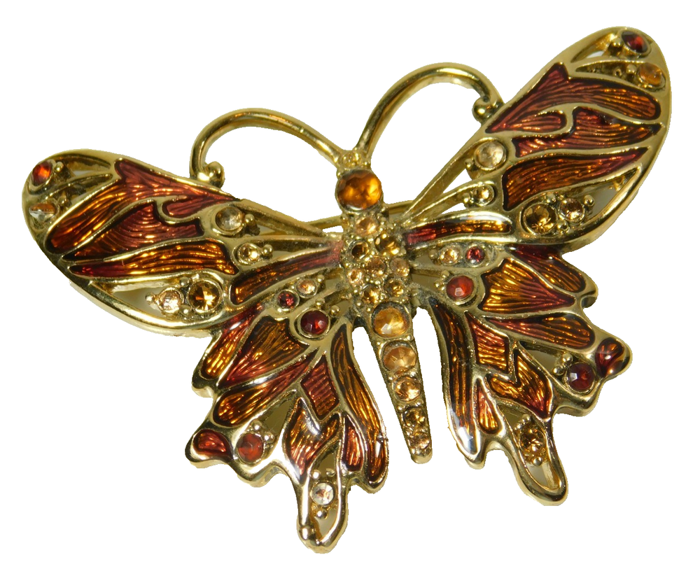 Vintage Monet Brown Enamel and Amber Rhinestone Gold Tone Butterfly Brooch Pin