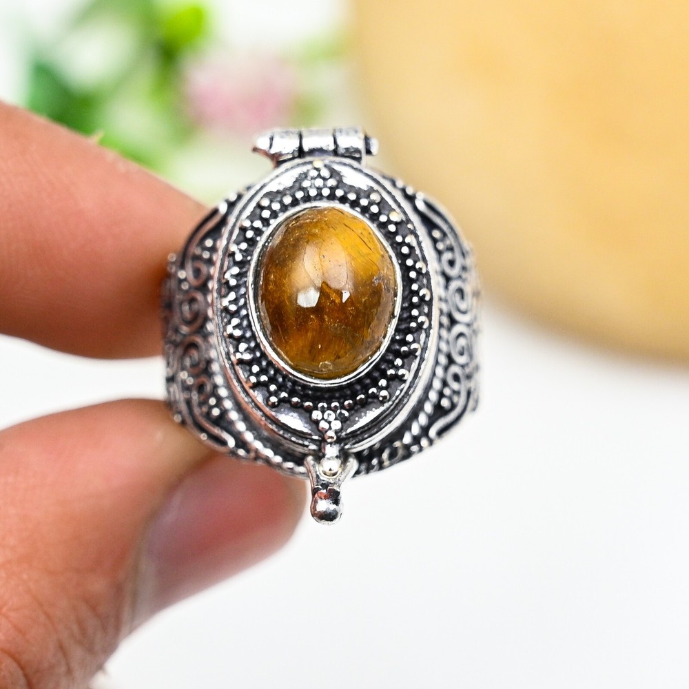 Natural Adjustable Tiger Eye Gemstone Pill Box Ring in 925 Sterling Silver
