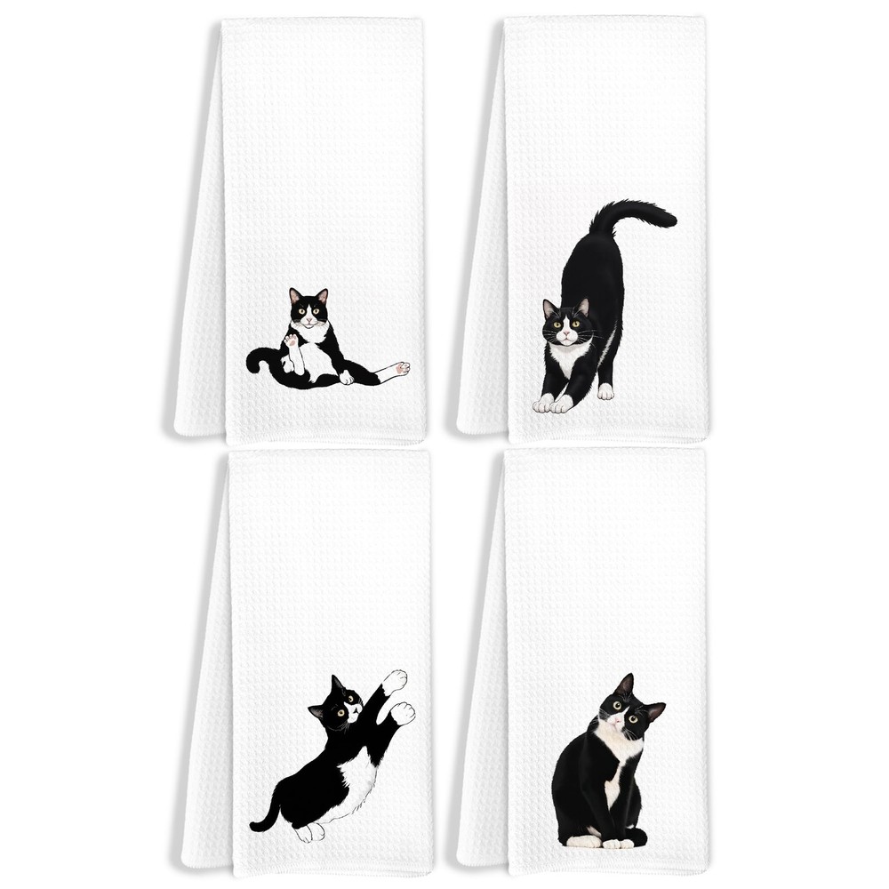 Funny Tuxedo Cat Kitchen Towels Set of 4 Black and White Cat Hand Towels for ...