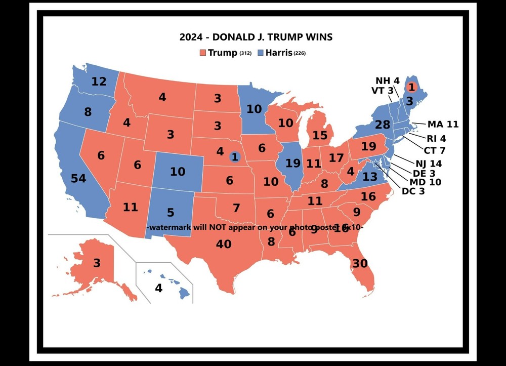 8x10 Donald Trump Official Election Results PHOTO Map Poster 2024 TRUMP WINS