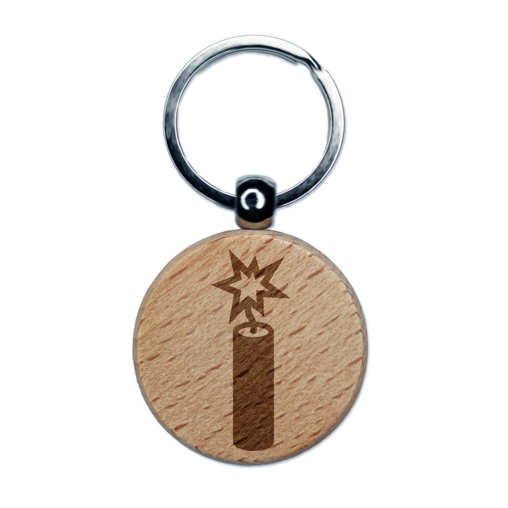 Stick of Dynamite Firecracker Engraved Wood Round Keychain Tag Charm