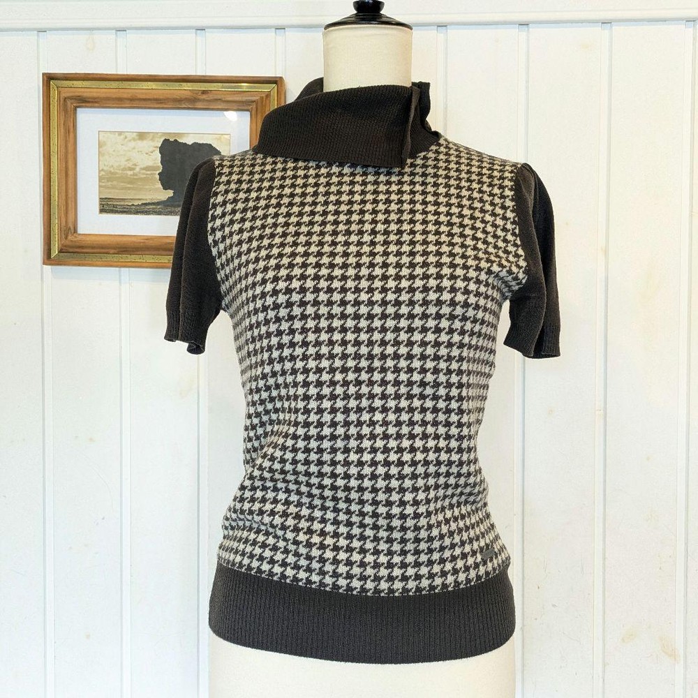 Burberry London Turtleneck Houndstooth Knit Top Brown Size 38 Short Sleeve