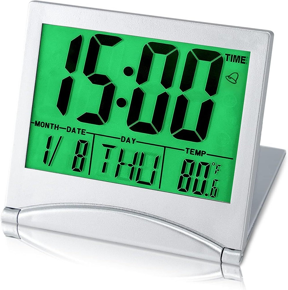 Compact Battery-Powered Digital Travel Clock with Large LCD Display