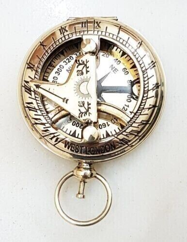 Rose London Sundial Pocket Compass in Antique Brass Nautical Maritime Style with Push Button