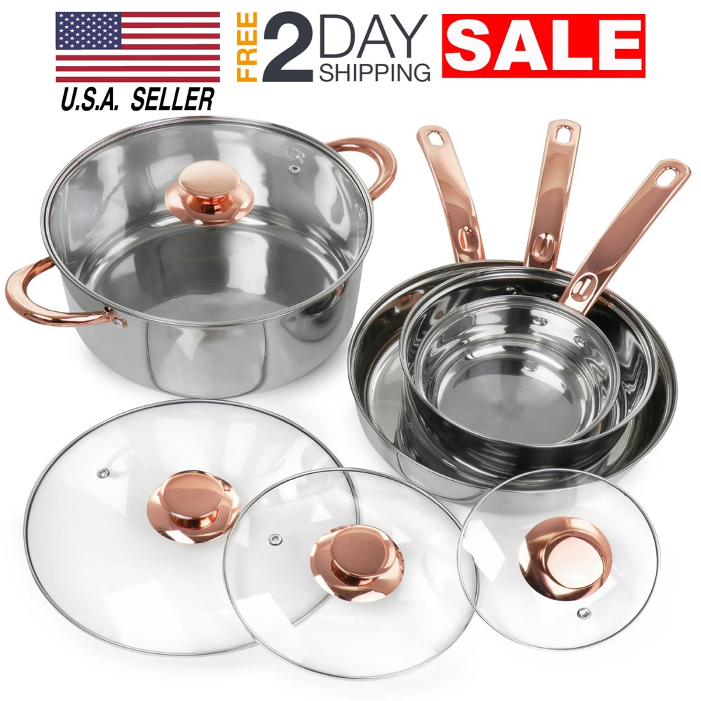 Juego De 4 Ollas y Sartenes Con 4 Tapas Acero Inoxidable Para Cocinar En Oferta