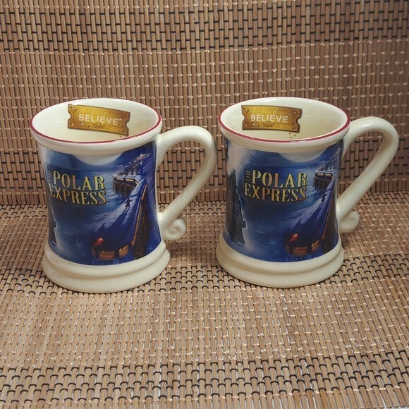 Warner Bros Polar Express 3D Ceramic Mug Set Blue Ivory for Coffee Tea Hot Chocolate