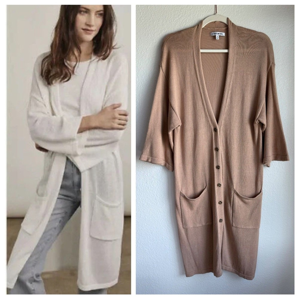 Elizabeth James Camel Long Duster Cardigan Button Front Pockets