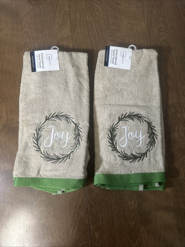Mainstays Embroidered Joy Hand Towels 15x25 100% Cotton Taupe Set of 2