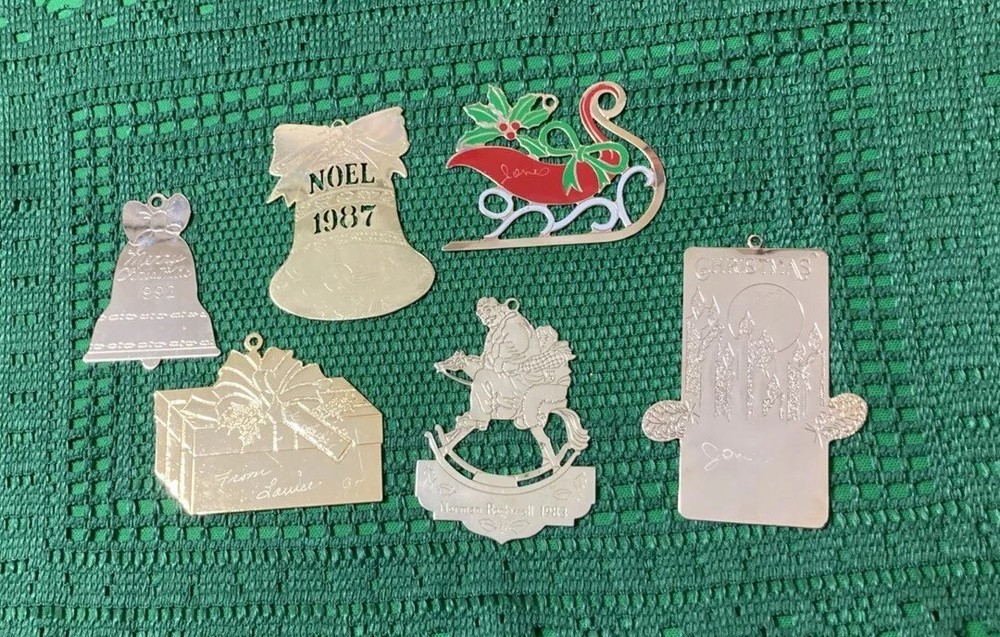 Lot *6 Vintage 80s/90s Brass Metal Christmas Etched Tag Ornaments G. Duchin McDs