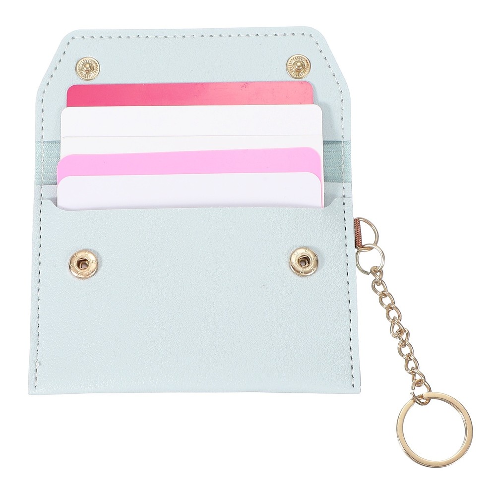 Slim Light Blue Leather Credit Card Holder with Keychain Pocket Wallet