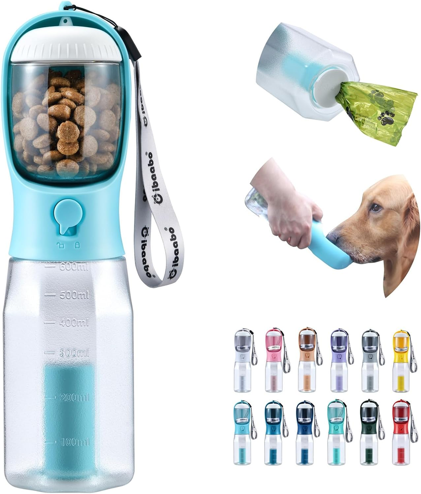 Portable Dog Water Bottle with Food Storage & Poop Bag Dispenser, Travel Bowl for Pets