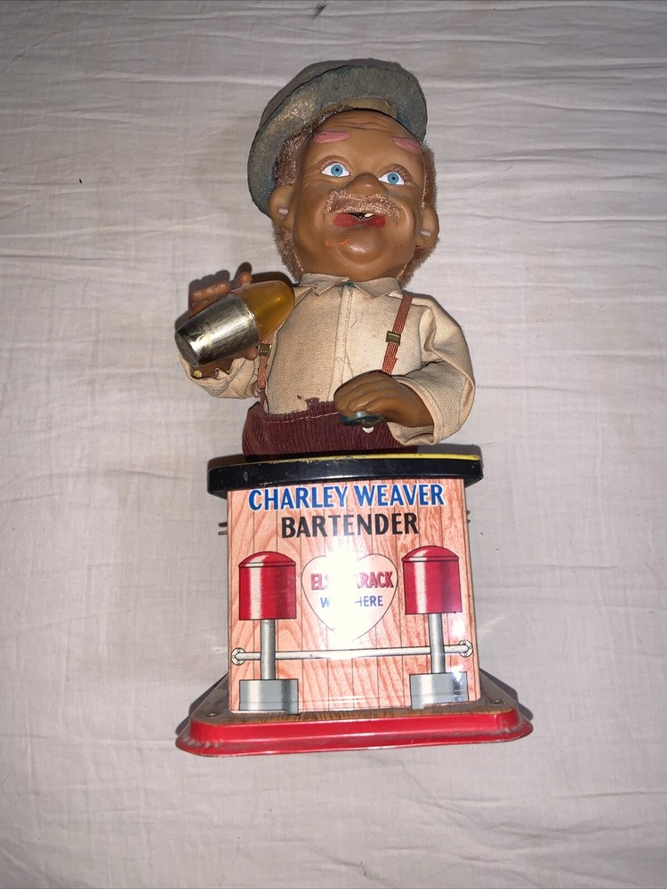 Vintage Antique 1960's Battery Operated Tin Toy Charlie Weaver Bartender