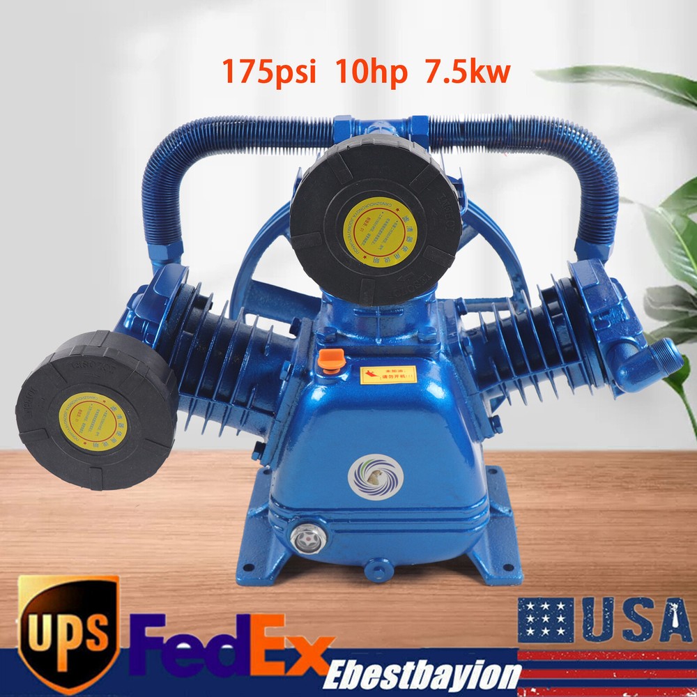 175PSI 10HP 7.5KW 3-Cylinder W Style Double Stage Air Compressor Pump Motor Head