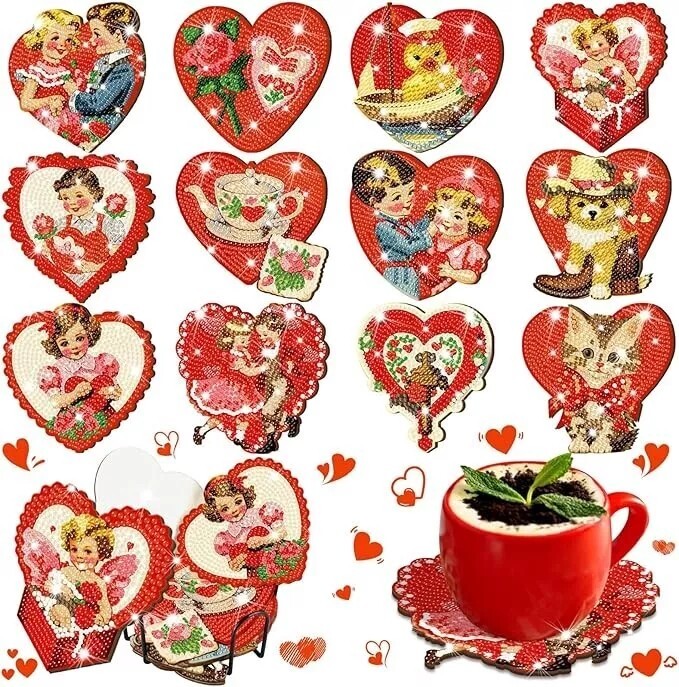 12 Pcs Vintage Valentine'S Day Diamond Art Painting Coasters Kits with Holder Va