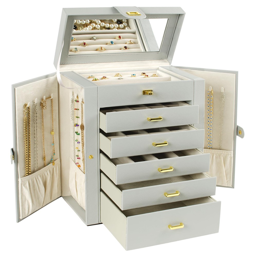 AKOZLIN Large Jewelry Box Organizer Functional Lockable with Big Mirror, Leat...