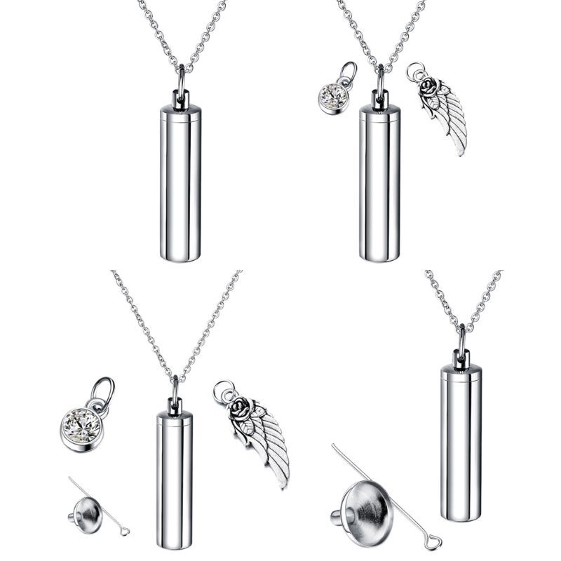 Stainless Steel Cremation Jewelry Cylinder Pet Memorial Urn Necklace Wing