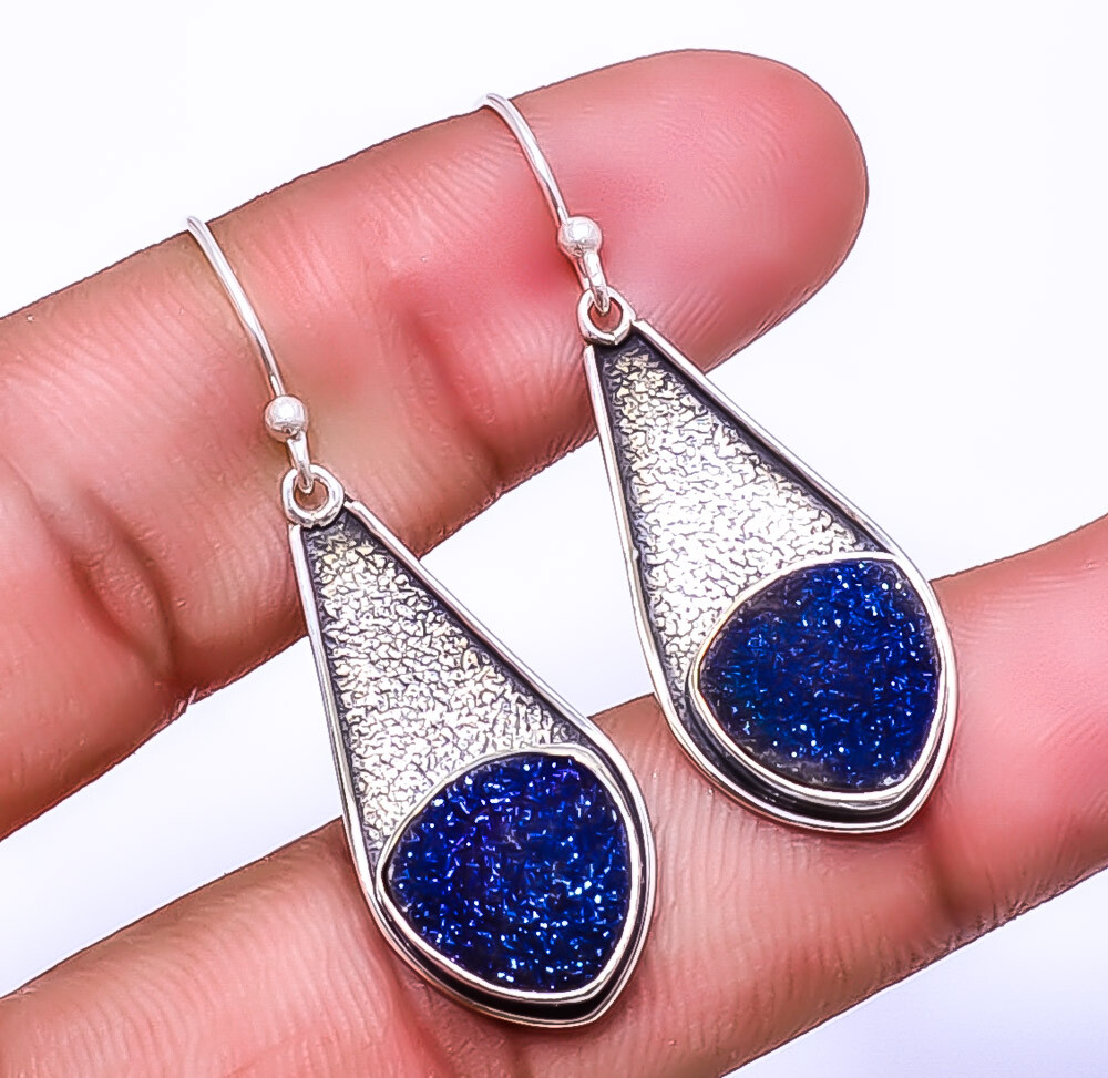 Electric Blue Titanium Agate Drusy 925 Sterling Silver Earring 1.72