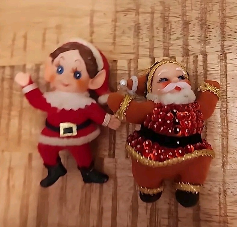 Vintage Flocked Mid Century Beaded Sequenced Pins Santa And Pixie Elf
