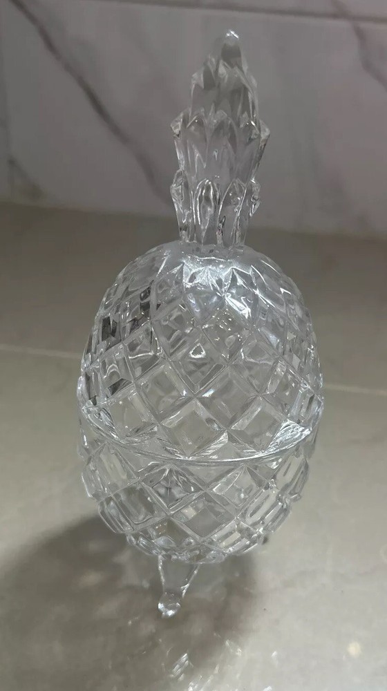 Vintage Slovakian Crystal Pineapple Candy Dish with Lid and Tri Footed Base  
