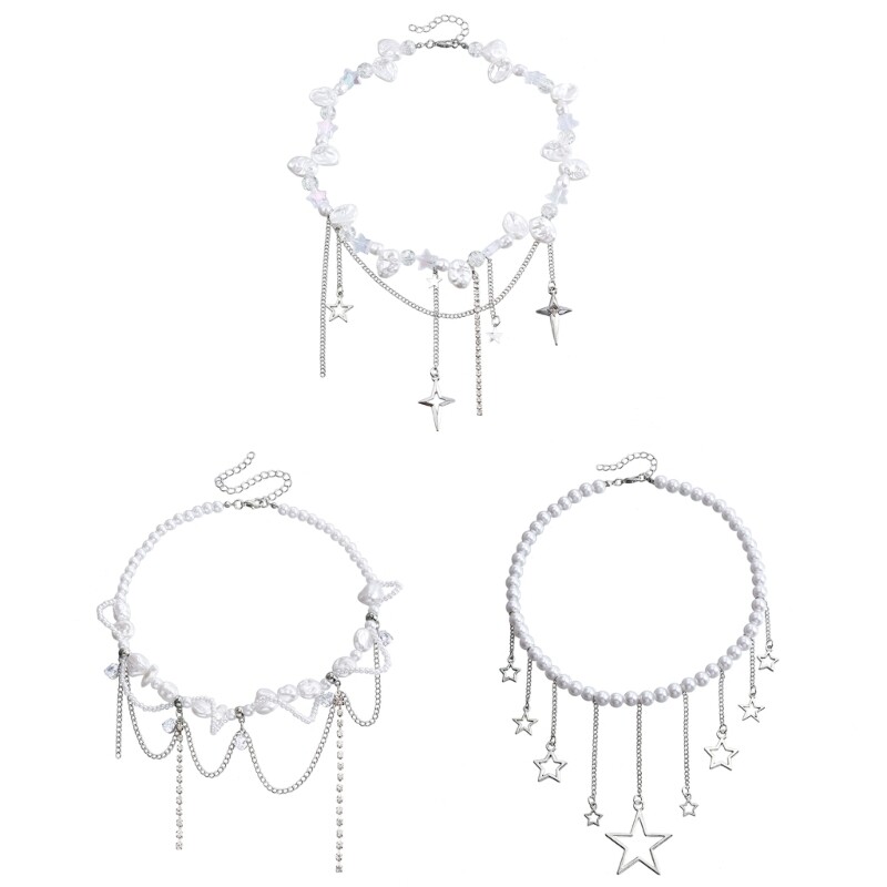 Fashionable Star Pendant Necklace Elegant Choker Pearls Beaded Charm Necklace