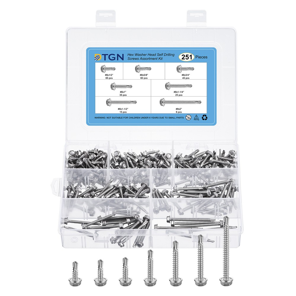251Pcs #8 Hex Washer Head Self Drilling Screws Kit, 1/2~2 Inches, 410 Stainless Steel