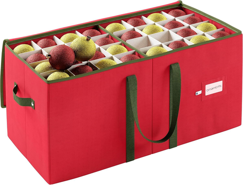 Red Christmas Ornament Storage Box Holds 128 Ornaments - Durable Organizer With Removable Dividers