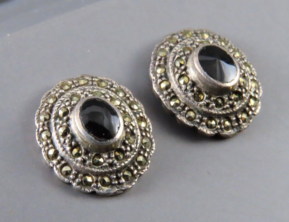 STERLING SILVER Oval Stud Earrings BLACK ONYX w/MARCASITE DOUBLE HALO Gothic!
