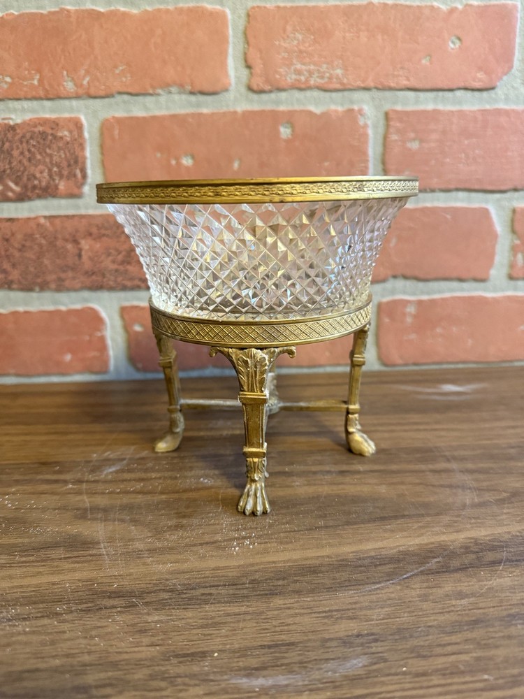 French Empire Gilt Doré Bronze & Cut Crystal Round Centerpiece Bowl