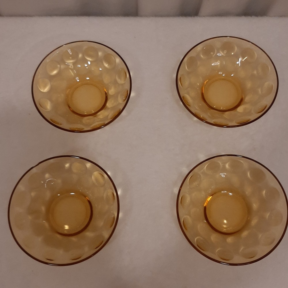 Amber Brown Set Of 4 Glass Hobnail Optic Polka Dot Thumbprint Glass Dessert Bowl