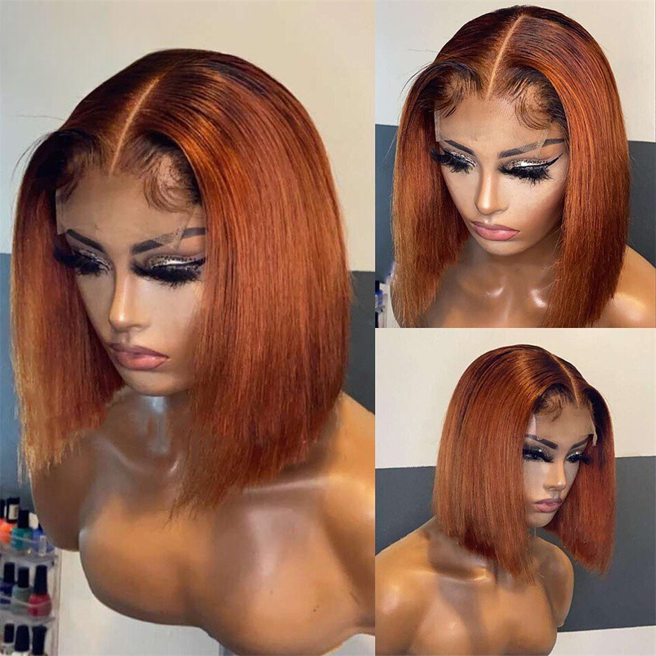 Ginger Brown Short Straight Bob Wig with 4x4 Brazilian Lace Closure 99J