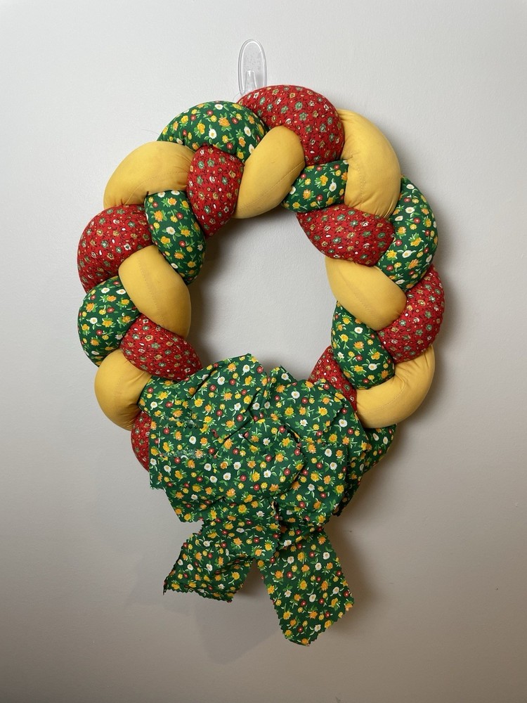 Vintage Floral Fabric Quilted Wreath in Red Green Yellow