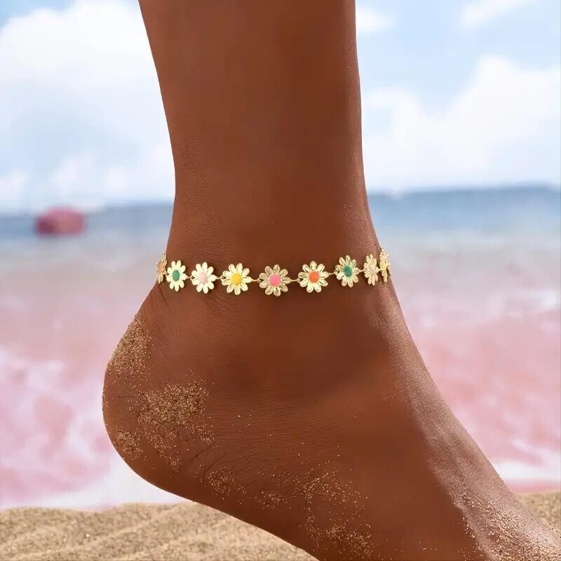 Women Flower Shape Beaded Anklet Colorful Dainty Ankle Bracelet Adjustable Gift