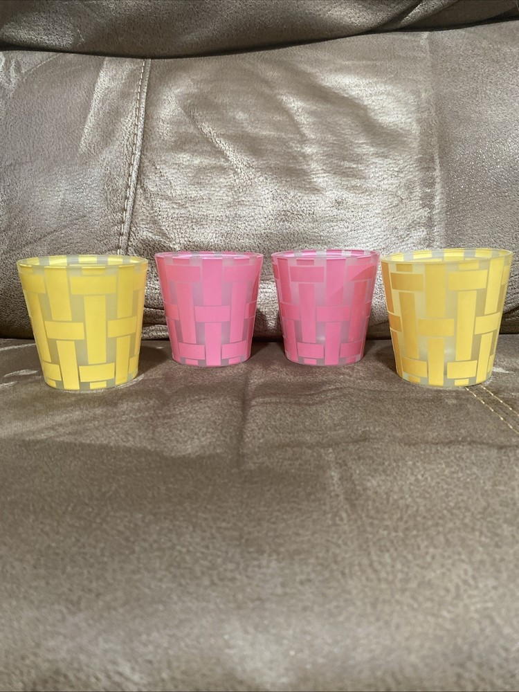 Bath & Body Works Pink Yellow Basketweave Tealight Holders 4-Piece Set