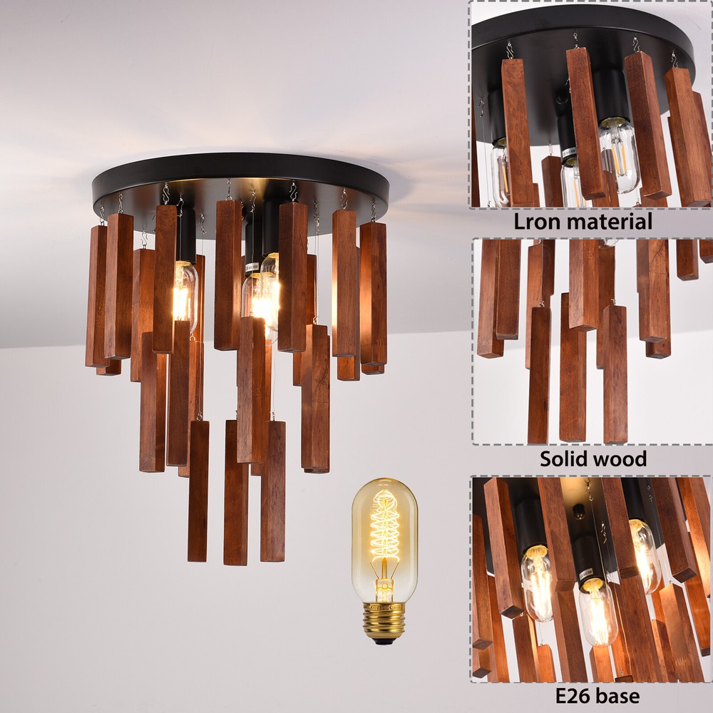 Ceiling Light Fixture Rustic Wooden Chandelier Retro Ceiling Semi Flush Mount