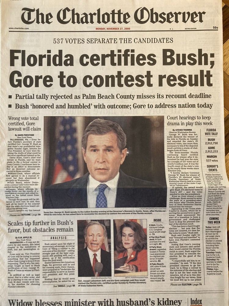 Bush v. Gore Florida Certifies 2000 Election Result November 27 2000 Newspaper